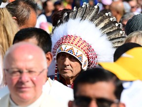 Phil Fontaine, Former Chief of the Assembly of First Nations, attends a mass celebrated by Pope Francis at Commonwealth Stadium in Edmonton, Canada, on July 26, 2022. - The Pope will be celebrating the feast of St. Anne, grandmother of Jesus, a day of particular reverence for Indigenous Catholics.