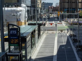 102 Avenue with new LRT tracks in  downtown Edmonton. Taken on June 2, 2022.