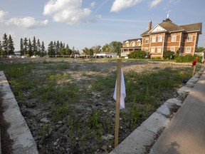 The former site of St. Jean Baptiste Church, which was destroyed in a fire June 30, 2021. The parish held a mass on the one-year anniversary of the fire.