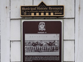 Edmonton City Council Considers Sale of Historic Hangar 14 A municipal plaque listing historic resources is visible outside Hangar 14, the current home of the Alberta Aviation Museum. David Bloom/Postmedia