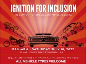 Car show on July 16 in Edmonton for Special Olympics called Ignition for Inclusion. Supplied image