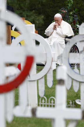 Pope Francis attends a silent prayer at the cemetery during his meeting with First Nations, Metis and Inuit indigenous communities in Maskwacis, Alberta, Canada July 25, 2022.