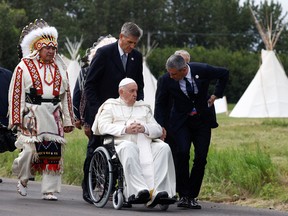 Pope Francis arrives for a meeting with First Nations, Metis and Inuit indigenous communities in Maskwacis, Alberta, Canada July 25, 2022.