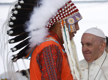 Pope Francis meets with First Nations, Metis and Inuit indigenous communities in Maskwacis, Alberta, Canada July 25, 2022.