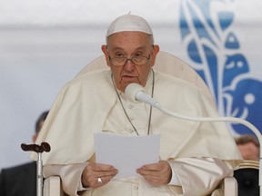 Pope Francis apologizes to indigenous people for the residential school system in Canada during his visit to Maskwacis, Alberta, Canada July 25, 2022.