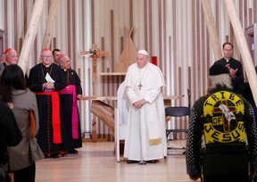 Pope Francis meets with indigenous people at the Sacred Heart Church of the First Peoples during his visit to Edmonton, Alberta, Canada July 25, 2022.