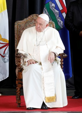 Pope Francis attends a welcome ceremony at Edmonton International Airport, near Edmonton, Alberta, Canada July 24, 2022.