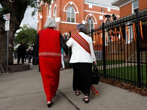 Angie Crerar arrives a meeting with Pope Francis, indigenous peoples and members of the Parish Community of Sacred Heart in Edmonton, Alberta, Canada July 25, 2022.