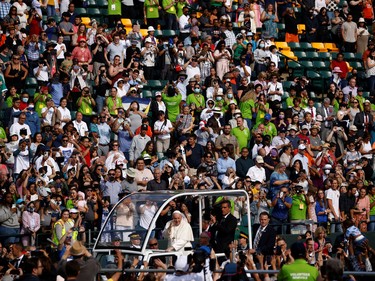 Pope Francis arrives to preside a mass at Commonwealth Stadium in Edmonton, Alberta, Canada July 26, 2022.