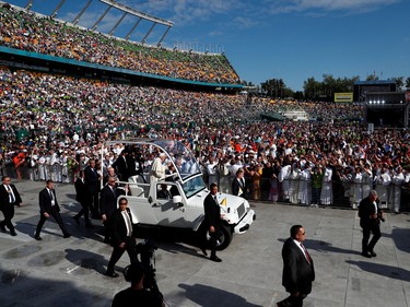 Pope Francis arrives to preside a mass at Commonwealth Stadium in Edmonton, Alberta, Canada July 26, 2022.