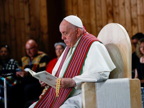 Pope Francis attends the Liturgy of the Word during the Lac Ste. Anne Pilgrimage, an annual pilgrimage that welcomes tens of thousands of Indigenous participants from throughout Canada and the United States each year, at Lac Ste. Anne, Alberta, Canada July 26, 2022.