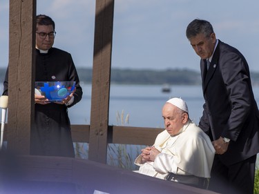 Pope Francis prepares to take part in the blessing of Lac ST. Anne on Tuesday,July 26, 2022.   Pope Francis is visiting Canada to apologize to Indigenous survivors of abuse committed over decades at Catholic Church run residential schools.