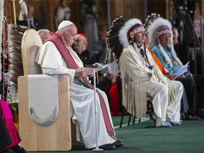 Pope Francis takes part in the  Liturgy of the Word (Prayer Service) at the Shrine on Tuesday,July 26, 2022 at Lac Ste. Anne.   Pope Francis is visiting Canada to apologize to Indigenous survivors of abuse committed over decades at Catholic Church run residential schools.