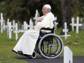 Pope Francis, the current head of the Catholic Church, prays at Ermineskin Cemetery in Maskwacis, Alberta on Monday July 25, 2022, his first stop on his tour of Canada which will also include Quebec and Nunavut. The pontiff delivered an apology for the Catholic Church's role in residential schools in Canada.