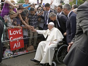 Pope Francis, the current head of the Catholic Church, greets people outside Sacred Heart Church in Edmonton, Alberta on Monday July 25, 2022, the first stop on his penitential pilgrimage to Canada.