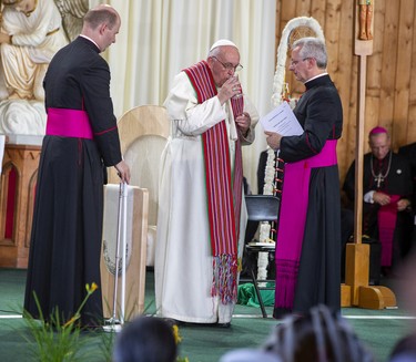 Pope Francistakes part in the  Liturgy of the Word (Prayer Service) at the Shrine on Tuesday,July 26, 2022 at Lac Ste. Anne.   Pope Francis is visiting Canada to apologize to Indigenous survivors of abuse committed over decades at Catholic Church run residential schools.