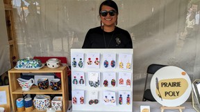 Marion Mendoza and Prairie Poly, one of the vendors at the Artisan Marketplace at the 2022 Edmonton Folk Music Festival.