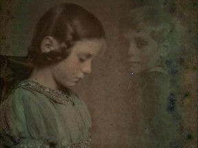 Detail of Hugo Viewagar's 1914 autochrome Irma and Hem is up in the Conjured Images show at AGA.