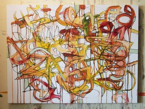 This untitled oil and graphite painting by Tim Rechner is featured in his show, The Secret Formula, running from September 1st to August 10th at The Aviary.
