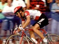Alex Stieda in action in 1986 when he became the first North American to win a Yellow Jersey in the Tour de France.