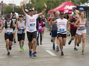 Runners take part in the Servus Edmonton Marathon, Sunday Aug. 18, 2019. The City of Edmonton is advising travellers to be aware for traffic disruptions for the 2022 marathon this weekend.