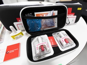 A NARCAN nasal spray naloxone kit is seen during the opening of the Addictions Don't Discriminate exhibit at Stanley Milner Library on its opening night in Edmonton on Nov. 4, 2021.