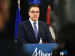 Finance Minister Jason Nixon speaks at a news conference in Edmonton on Oct. 25, 2021.