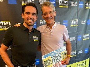 Spain's Alberto Contador, the much-celebrated major European tour cycling champion, and Edmonton's Tour de France yellow jersey winner Alex Stieda, hosted Edmonton cycists at pre-event ride dinner on Saturday, Aug. 13, 2022, organized by Tour de France staff.