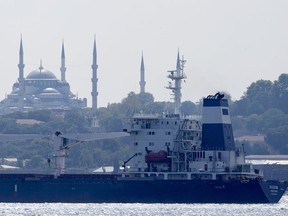 The cargo ship Razoni crosses the Bosphorus Strait in Istanbul, Turkey, Wednesday, Aug. 3, 2022. The first cargo ship to leave Ukraine since the Russian invasion was anchored at an inspection area in the Black Sea off the coast of Istanbul Wednesday morning, awaiting an inspection, before moving on to Lebanon.