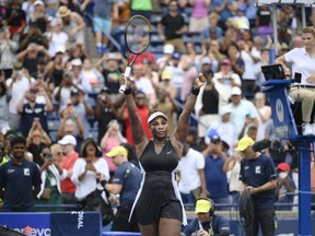Serena Williams, of the U.S.A celebrates after defeating Nuria Parrizas-Diaz of Spain, during the National Bank Open women's tennis tournament in Toronto, on Monday, Aug. 8, 2022.