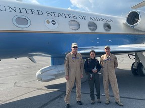 Two Northwest Territories youth joined NASA researchers aboard a Gulfstream III jet earlier this month as they soared above Great Slave Lake and parts of of Nunavut and Alberta. Jacki Moore-Tsetta stands with NASA's Greg Nelson (left) and Shawn Kern (right) in front of the NASA aircraft in this handout photo.