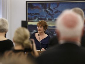 Alberta's Chief Justice Catherine Fraser speaks during the investiture ceremony for the Alberta Order of Excellence at Government House in Edmonton, Alberta on Thursday, October 19, 2017. Fraser retired this summer after 30 years as Chief Justice.  Her replacement has yet to be named.