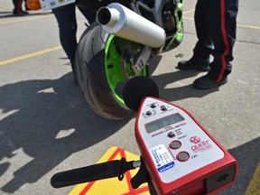 Edmonton Police Service Traffic Section conducted motorcycle sound measurement testing to learn whether bikes meet requirements under the municipal noise bylaw at the NAIT South Campus in Edmonton, May 11, 2019. Riders whose bikes failed the sound test were given amnesty from receiving a ticket and might need to have their exhaust altered.