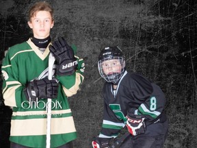 Ryder, 13, and Radek,11, in their hockey gear.