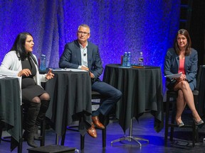 Rajan Sawhney, Travis Toews and Danielle Smith take part in the United Conservative Party of Alberta's final leadership debate on Tuesday, Aug. 30, 2022 in Edmonton.  Greg Southam-Postmedia