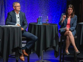 Travis Toews and Danielle Smith take part in the United Conservative Party of Alberta’s final leadership debate on Tuesday, Aug. 30, 2022 in Edmonton. Greg Southam-Postmedia
