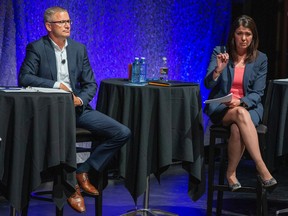 Travis Toews and Danielle Smith take part in the United Conservative Party of Alberta's final leadership debate on Tuesday, Aug.  30, 2022 in Edmonton.  Greg Southam: Postmedia