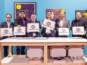 Dignitaries celebrate the installation of Indigenous Box at the Airport City Sustainability Campus.  Left to right, EIA Vice President Myron Keehn, Saddle Lake First Nation Chief Eric Shirt, Indigenous Relations Minister Rick Wilson, Box Indigenous owner Mallory Yawnghwe, First Nations Grand Chief of Treaty Six and Alexander First Nation Chief George Arcand Jr. and Alexis Nakota Sioux Nation Chief Tony Alexis.
