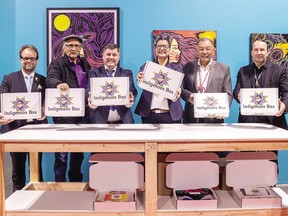 Dignitaries celebrate the installation of Indigenous Box at the Airport City Sustainability Campus. Left to right, EIA Vice President Myron Keehn, Saddle Lake First Nation Chief Eric Shirt, Indigenous Relations Minister Rick Wilson, Box Indigenous owner Mallory Yawnghwe, First Nations Grand Chief of Treaty Six and Alexander First Nation Chief George Arcand Jr. and Alexis Nakota Sioux Nation Chief Tony Alexis.