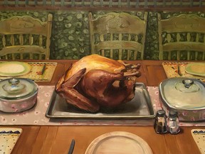 Adrienne Dagg's oil painting Dinner Party is part of the Homeward show at dc3 Art Projects.
