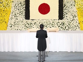 Japan's Prime Minister Fumio Kishida attends the state funeral for Japan's former prime minister Shinzo Abe in the Nippon Budokan in Tokyo on September 27, 2022. (Photo by Takashi Aoyama / POOL / AFP)