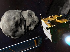 NASA's Double Asteroid Redirection Test (DART) spacecraft prior to impact at the Didymos binary asteroid system showed in this undated illustration handout.