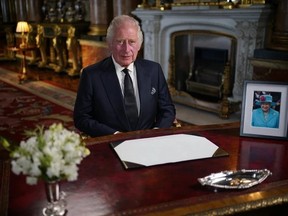 King Charles III delivers his address to the nation and the Commonwealth from Buckingham Palace, London, following the death of Queen Elizabeth II on Thursday. Picture date: Friday September 9, 2022.