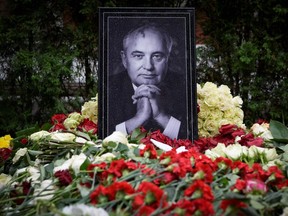 A picture shows the grave of Mikhail Gorbachev, the last leader of the Soviet Union, at the Novodevichy Cemetery in Moscow on Sept. 6, 2022. Gorbachev, who changed the course of history by triggering the demise of the Soviet Union and was one of the great figures of the 20th century, died in Moscow on Aug. 30, 2022, aged 91.