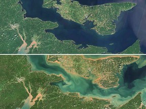A comparison of satellite images of Prince Edward Island and the Northumberland Strait, taken on Aug. 21, top, and Sept. 25, after Hurricane Fiona at bottom.
