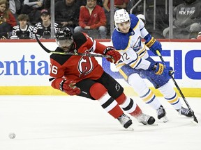 New Jersey Devils defenceman P.K. Subban (76) and Buffalo Sabres right wing Tage Thompson (72) chase the puck during the second period of an NHL hockey game Thursday, April 21, 2022, in Newark, N.J. Subban has announced his retirement.The former Norris Trophy winner as the NHL's top defenceman shared the news on his social media channels this morning.THE CANADIAN PRESS/AP/Bill Kostroun