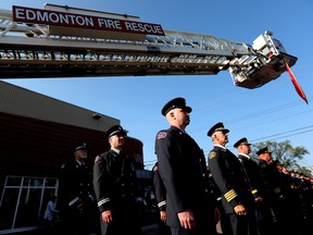 Active and retired members of Edmonton Fire Rescue Services who have passed away were honoured during the Edmonton Firefighters Memorial Society remembrance service at the Firefighters Memorial Plaza, 10318 83 Ave., Sunday Sept. 11, 2022.