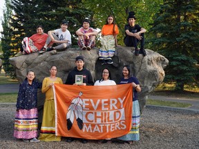 Prairie Dustyhorn (bottom right) and members of her family are organizing a community walk on Friday September 30, 2022 for the National Day of Truth and Reconciliation. Family members in photo are (top left to right) Salma Adaoui, Benjamin Busch, Thomas Busch, Ryeleen Frencheater, Samuel Busch, (bottom left to right) Marina Dustyhorn-Gambler, Erica Busch, John Busch, April Dustyhorn and Prairie Dustyhorn.