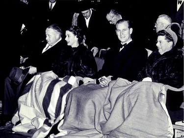 Royal Visit, Edmonton, October 1951. Princess Elizabeth and Duke of Edinburgh - laps coverd with point blankets. Brander Studios, photograghers. Credit: Hudson's Bay Company Archives Povincial Archives of Manitoba