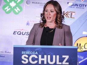 Rebecca Schulz makes a comment during the United Conservative Party of Alberta leadership candidate's debate in Medicine Hat on July 27, 2022. The seven candidates running to be the next UCP leader and premier are split on whether Alberta should bring in its own provincial police force.